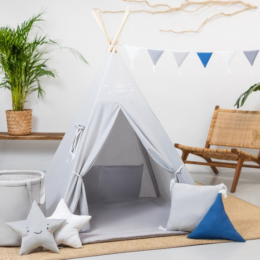 tipi zelt weiß grau Tipi Zelt Grau mit Little Wonder Stickerei | Wild Folks – Wild Folks