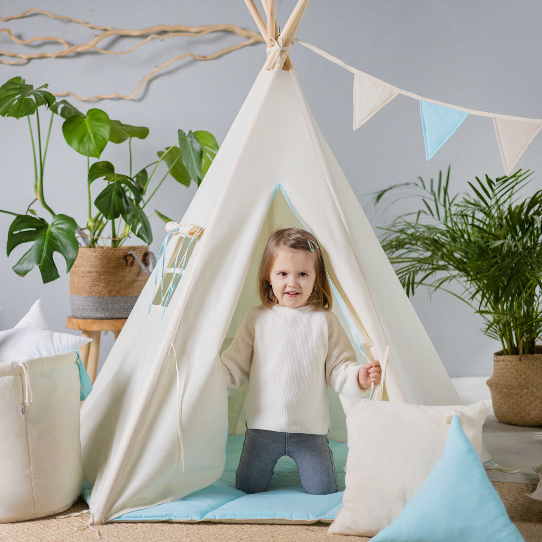 tipi zelt kleinkinder Tipi Zelt Kinder Creme Blau 160cm Fünfeck | OEKO-TEX | Wild Folks – Wild Folks